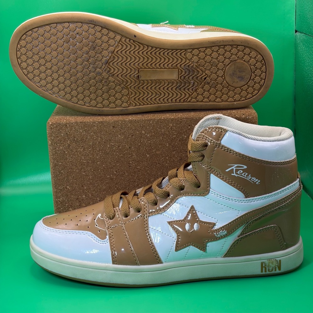 Reason High Top Sneakers Mens 8 Tan/White Patent Leather Star Streetwear Casual